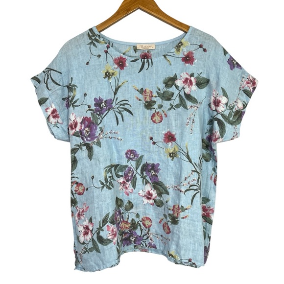 Bellambia Made in Italy 100% Linen Blue Floral Print Short Sleeve Top Size Med. - Picture 2 of 5